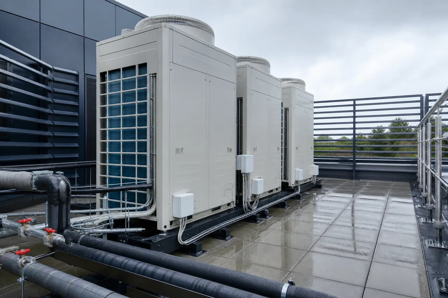 Commercial VRF outdoor units in a tidy rooftop plant area